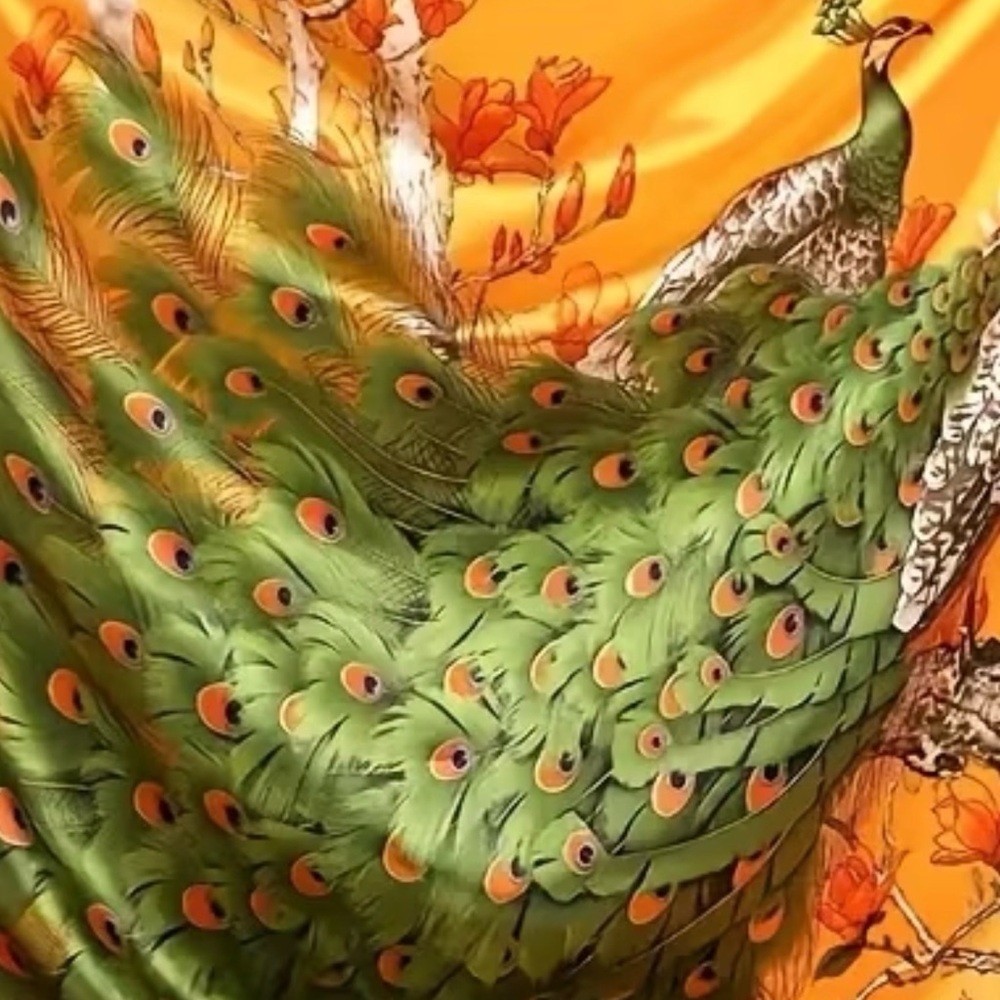 Green and Gold Peacock Print Satin Scarf - Picture 3 of 3
